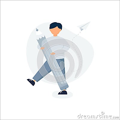 Student walking with a large pencil. Young man holding huge pencil with flying paper plane Vector Illustration