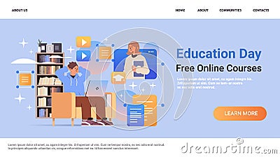 student watching free online courses on laptop education day live webinar e-learning concept copy space horizontal Vector Illustration