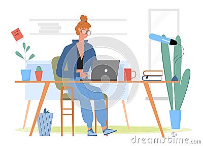 Student works at home, young woman studying, doing homework Vector Illustration
