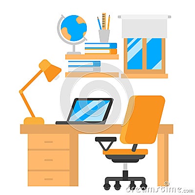 Student workplace. Flat furniture and equipment for pupil and learner. Laptop on computer table with armchair Vector Illustration
