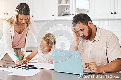 Student writing homework in book with mother, people looking stressed working on tech laptop and family suffering with Stock Photo