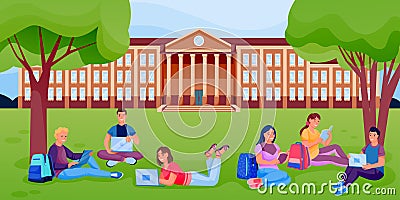 Students with books, laptops sitting on lawn of university college campus. Pupils learning outdoor. Vector illustration Vector Illustration