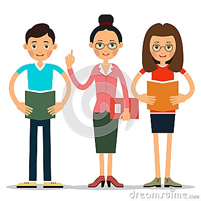 Students, boy and girl reads a book or an summary to an woman teacher Vector Illustration