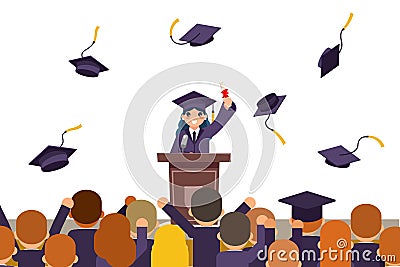 Students celebrate rejoice flying graduation hats tribune speech crowd female graduate solemn character isolated on Vector Illustration