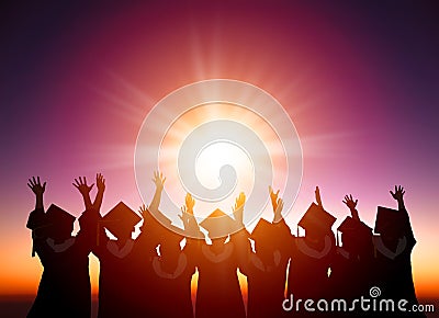 Students Celebrating Graduation watching the sunli Stock Photo