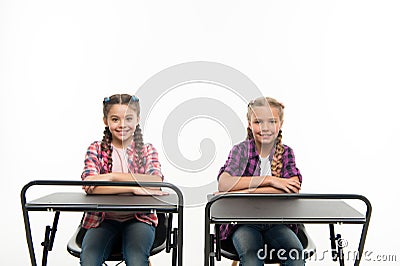 Students classmates sit desk. Back to school. Private school concept. Individual schooling. Elementary school education Stock Photo