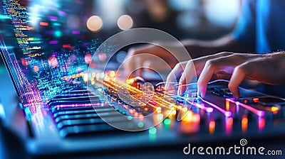 Students collaborate on digital music programming using an advanced synthesizer in a creative space Stock Photo