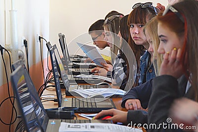 Students in a computer class. Students in front of computers in a computer class Editorial Stock Photo