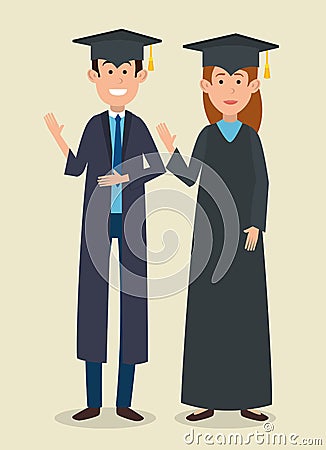 Students couple graduation with uniform Vector Illustration