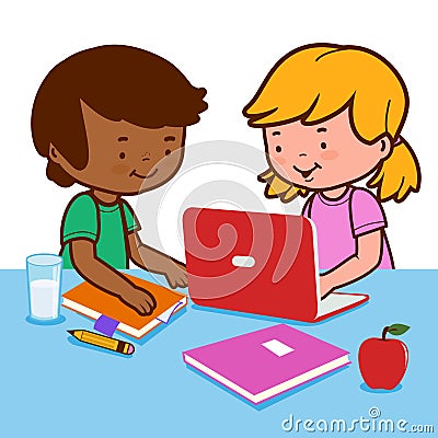 Students doing homework using a computer. Vector Illustration Vector Illustration
