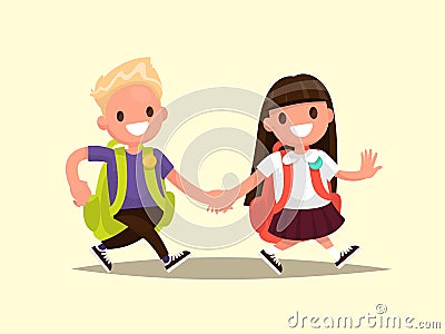 Students Elementary school . Schoolboy and schoolgirl go together hand in hand. Vector illustration Cartoon Illustration