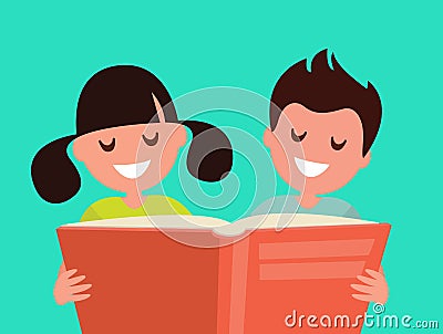 Students Elementary school. Schoolboy and Schoolgirl are reading a book together. Cartoon Illustration