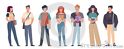 Students. Group of students in casual wear standing with books, backpacks and smartphones, education in college Vector Illustration