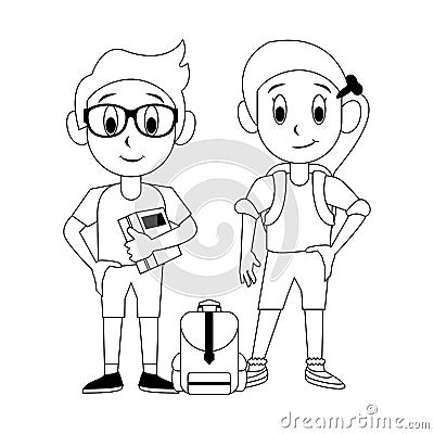 Students kids in school cartoon in black and white Vector Illustration