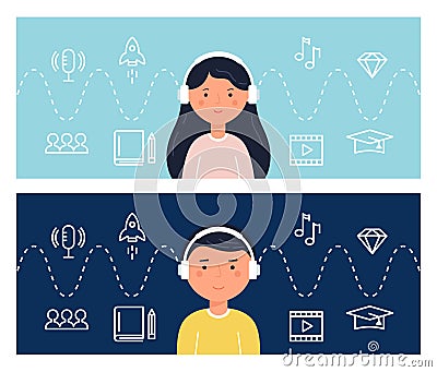Students Learning Through Podcasts and Webinars. Education and Internet Technology. Blended Learning Concept Vector Illustration