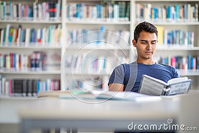 Handsome student reading a book for his class in a bright modern library Stock Photo