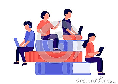 Students man and woman sit on pile of books, read book together, learn on technology. Book for reading, and education. Online Vector Illustration