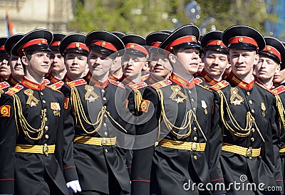 The students of the Moscow Suvorov military school on dress rehearsal of parade on red square in honor of Victory Day. Editorial Stock Photo