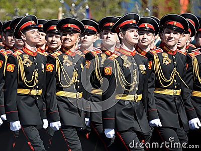 The students of the Moscow Suvorov military school on dress rehearsal of parade on red square in honor of Victory Day. Editorial Stock Photo