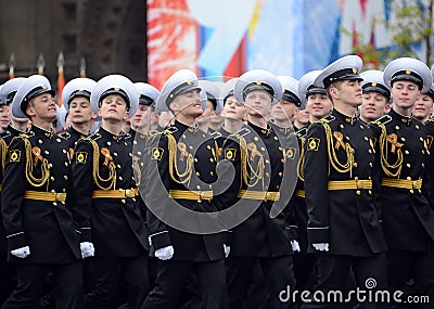 The students of the Nakhimov naval school during the parade on red square in honor of Victory Day. Editorial Stock Photo