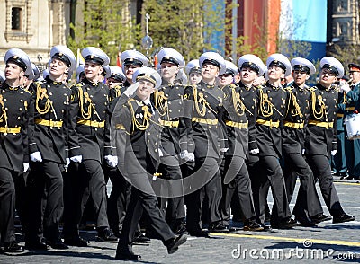 The students of the Nakhimov naval school on the rehearsal parade on red square in honor of Victory Day. Editorial Stock Photo