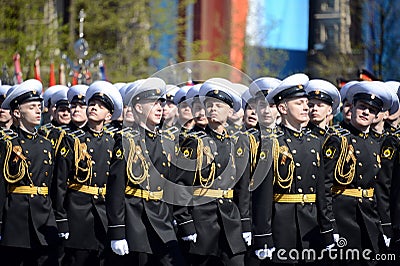The students of the Nakhimov naval school on the rehearsal parade on red square in honor of Victory Day. Editorial Stock Photo