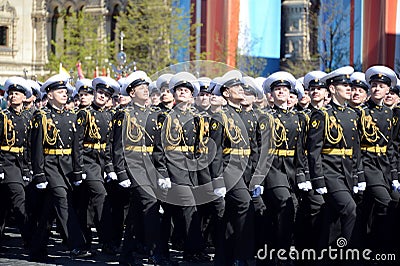 The students of the Nakhimov naval school on the rehearsal parade on red square in honor of Victory Day. Editorial Stock Photo