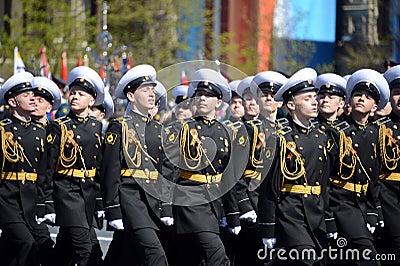 The students of the Nakhimov naval school on the rehearsal parade on red square in honor of Victory Day. Editorial Stock Photo