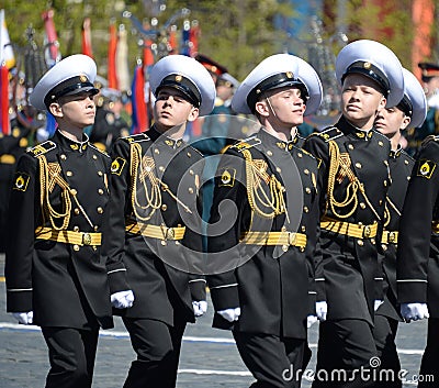 The students of the Nakhimov naval school on the rehearsal parade on red square in honor of Victory Day. Editorial Stock Photo