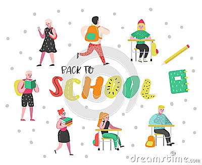 Students and Pupils Characters Set. Back to School Kids. Classroom with Schoolchildren with Backpacks, Books. Education Vector Illustration