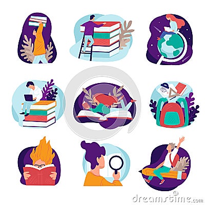 Students reading books and learning new disciplines vector Vector Illustration