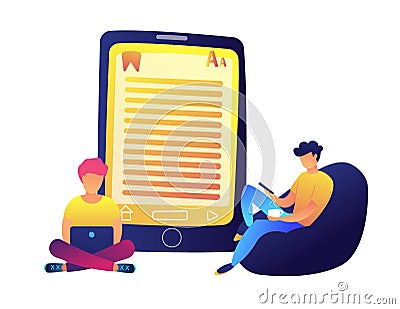 Students reading e-book and huge tablet vector illustration. Vector Illustration