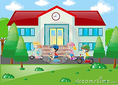Students riding bicycle to school Vector Illustration