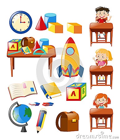 Students and school objects set Vector Illustration