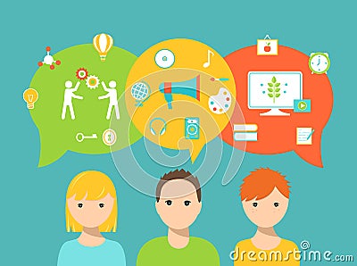 Students and Speech Bubbles and School Icons Representing Learning Styles and Education Needs and Preferences Vector Illustration