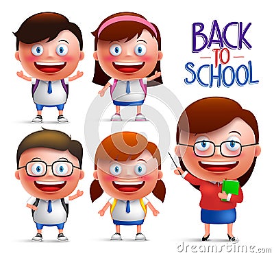 Students and teacher vector character set of boys and girls in uniforms Vector Illustration