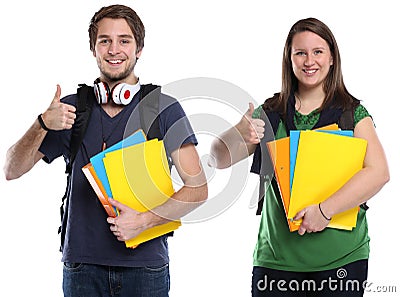 Students thumbs up young woman man portrait smiling people isolated Stock Photo