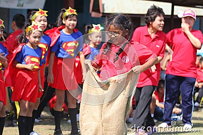 Students tug of war competition. Competition in Primary School. Editorial Stock Photo