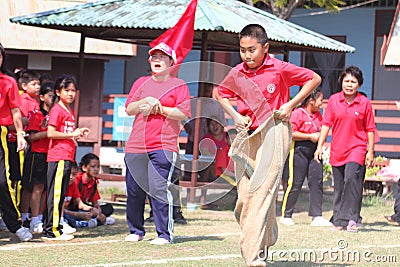 Students tug of war competition. Competition in Primary School. Editorial Stock Photo