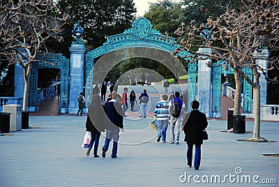 Students walk towards Sather Gate, the entrance to the University of California at Berkeley Editorial Stock Photo