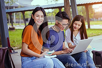 Students young asian together reading book study Stock Photo