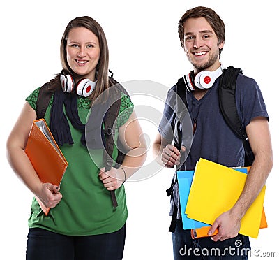 Students young couple woman man portrait smiling people isolated Stock Photo