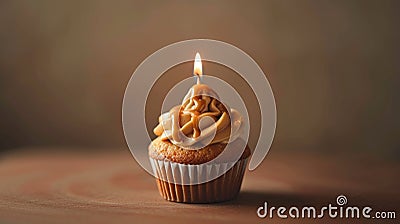 Studio capture of a delectable caramel cupcake topped with a single candle generative ai Stock Photo