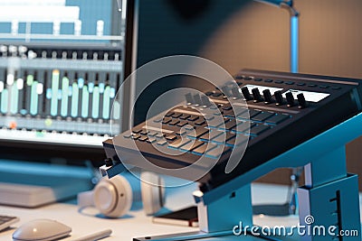 Studio Computer Music Station. Professional audio mixing console. 3d rendering. Stock Photo