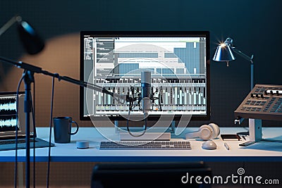 Studio Computer Music Station. Professional audio mixing console. 3d rendering. Stock Photo