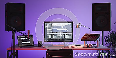 Studio Computer Music Station set up. Professional audio mixing console. 3d rendering. Stock Photo