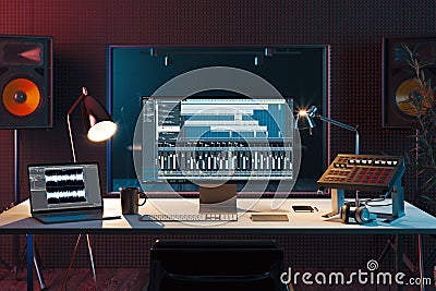 Studio Computer Music Station set up. Professional audio mixing console. 3d rendering. Stock Photo