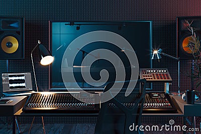 Studio Computer Music Station set up. Professional audio mixing console. 3d rendering. Stock Photo