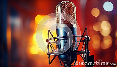 Studio condenser microphone on blurred background with audio mixer musical instrument concept Stock Photo