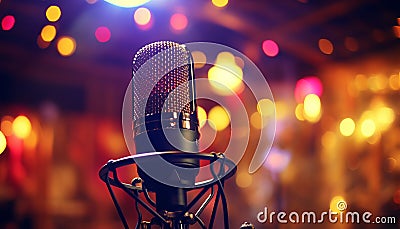 Studio condenser microphone on blurred background with audio mixer musical instrument concept Stock Photo